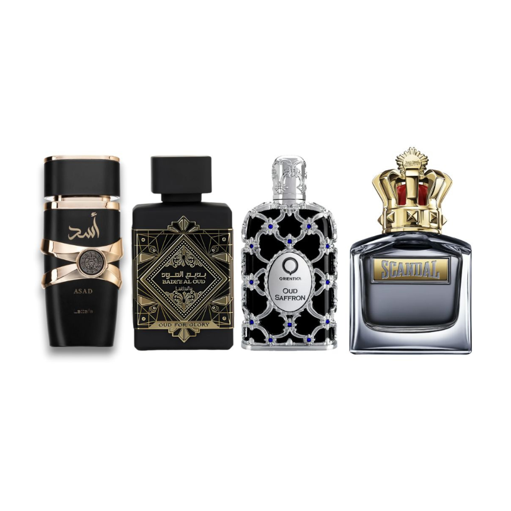 Lattafa Asad 1.1, Oud for Glory 1.1, Oud Saffron 1.1 y Scandal Pour Homme 1.1