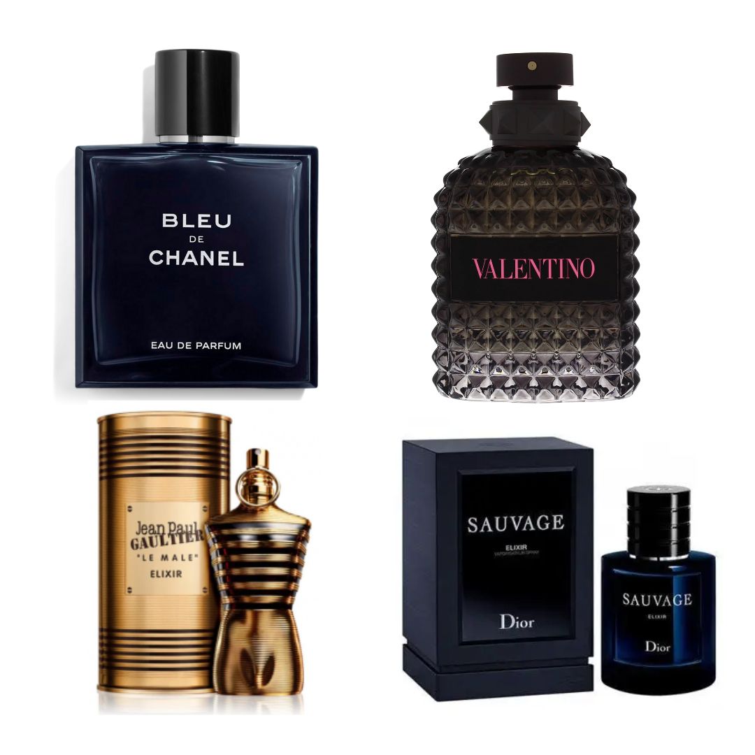 Bleu de Chanel 1.1, Valentino Born In Roma 1.1, Sauvage Elixir 1.1 y Jean Paul Gaultier Le Male Elixir 1.1