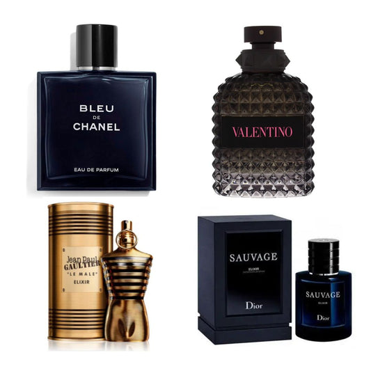 Bleu de Chanel 1.1, Valentino Born In Roma 1.1, Sauvage Elixir 1.1 y Jean Paul Gaultier Le Male Elixir 1.1