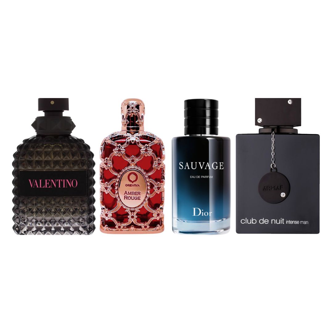 Valentino Born in Roma Uomo 1.1, Amber Rouge 1.1, Dior Sauvage 1.1 y Club de Nuit Intense Man 1.1