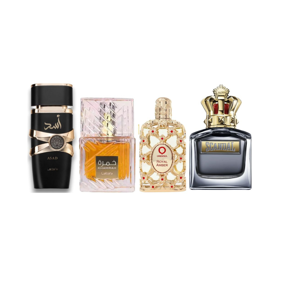 Lattafa Asad 1.1, Scandal Pour Homme 1.1, Khamrah 1.1 y Royal Amber 1.1